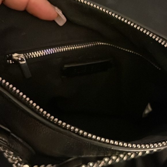 Black w/Silver Studded Crossbody bag Zip Closure Worn 2 Ways Short Chain Handle - Picture 8 of 10